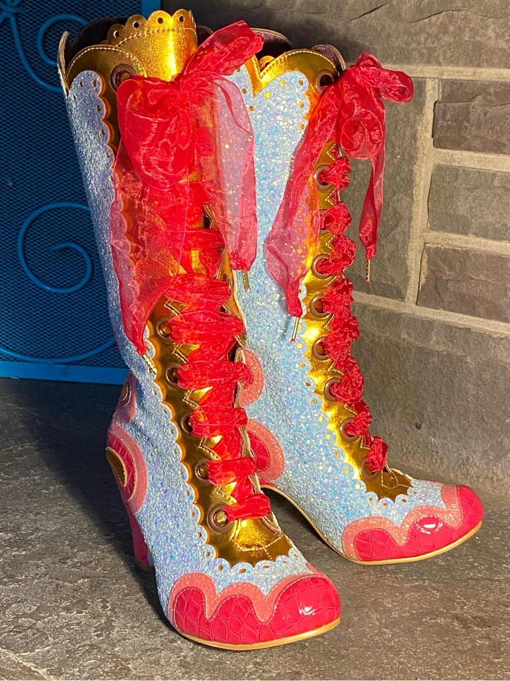 Irregular Choice sparkly Can-Can boots,hot pink patent,sky blue glitter,ribbon - Picture 9 of 16